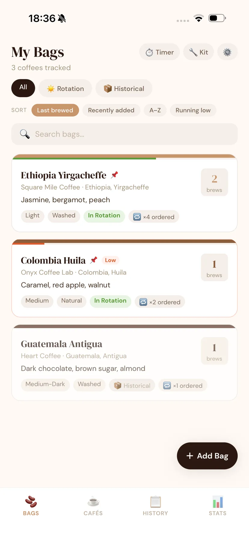 Siléar “My Bags” screen listing tracked coffees with rotation status and brew counts
